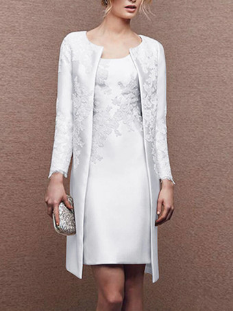 アイボリーブライダルマザードレス ジュエルネック ロングスリーブ Aライン レース ショート ウェディングゲストドレス