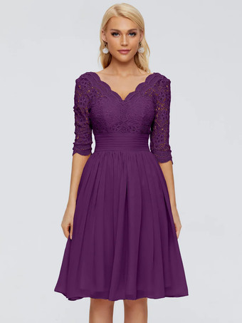 プラム花嫁の母親のためのパーティードレス Vネック ハーフスリーブ ショート レース 膝丈 ウェディングゲストドレス