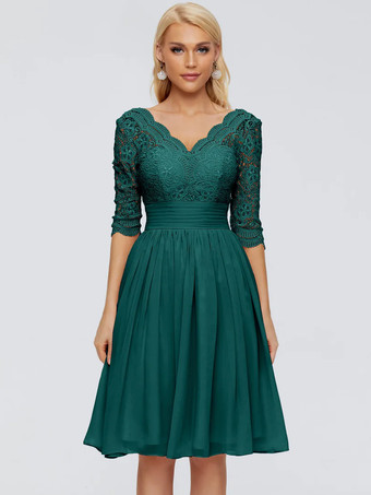 ブルーグリーン花嫁の母親のためのパーティードレス Vネック ハーフスリーブ ショート レース 膝丈 ウェディングゲストドレス
