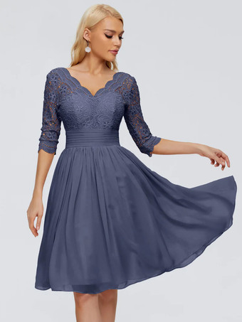 ブルー花嫁の母親のためのパーティードレス Vネック ハーフスリーブ ショート レース 膝丈 ウェディングゲストドレス
