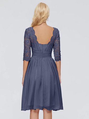 花嫁の母親のためのパーティードレス Vネック ハーフスリーブ ショート レース 膝丈 ウェディングゲストドレス