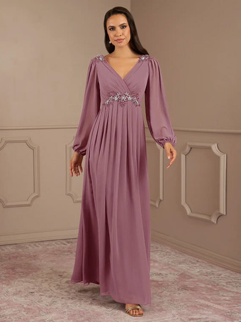ダークピンクブライダルマザードレス Vネック 長袖 Aライン アップリケ フロアレングス ウェディングゲストドレス