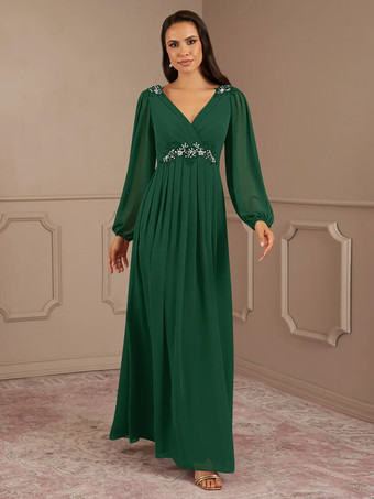 ダークグリーンブライダルマザードレス Vネック 長袖 Aライン アップリケ フロアレングス ウェディングゲストドレス