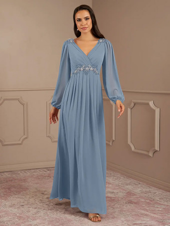 グレーブルーブライダルマザードレス Vネック 長袖 Aライン アップリケ フロアレングス ウェディングゲストドレス