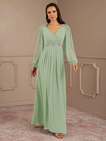 パステルグリーンブライダルマザードレス Vネック 長袖 Aライン アップリケ フロアレングス ウェディングゲストドレス