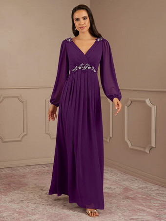 プラムブライダルマザードレス Vネック 長袖 Aライン アップリケ フロアレングス ウェディングゲストドレス