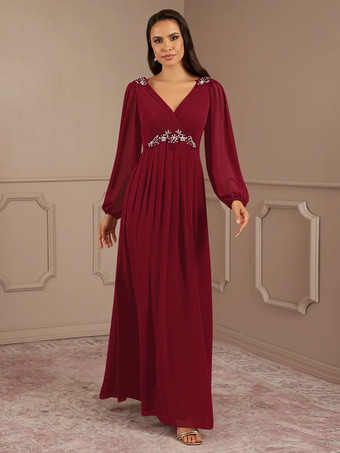 バーガンディーブライダルマザードレス Vネック 長袖 Aライン アップリケ フロアレングス ウェディングゲストドレス