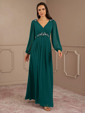 ティールブライダルマザードレス Vネック 長袖 Aライン アップリケ フロアレングス ウェディングゲストドレス