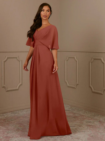 ブリックレッドマザードレス Vネック 半袖 Aライン プリーツ ウェディングゲストドレス