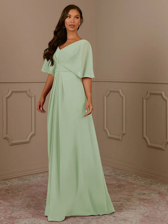 パステルグリーンマザードレス Vネック 半袖 Aライン プリーツ ウェディングゲストドレス