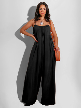 ブラック 無地オーバーサイズジャンプスーツ スパゲッティストラップ バックレス リゾート カジュアル 1ピース アウトフィット