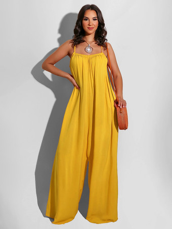 イエロー無地オーバーサイズジャンプスーツ スパゲッティストラップ バックレス リゾート カジュアル 1ピース アウトフィット