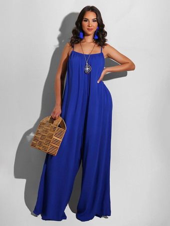 ブルー 無地オーバーサイズジャンプスーツ スパゲッティストラップ バックレス リゾート カジュアル 1ピース アウトフィット