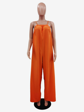 無地オーバーサイズジャンプスーツ スパゲッティストラップ バックレス リゾート カジュアル 1ピース アウトフィット