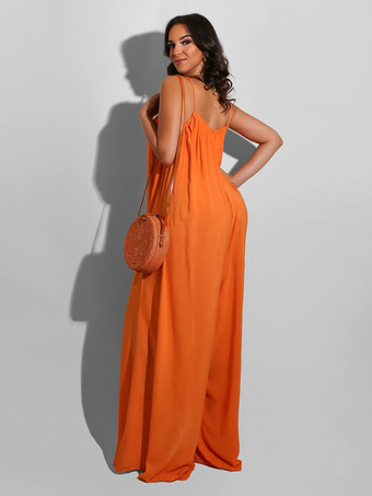 無地オーバーサイズジャンプスーツ スパゲッティストラップ バックレス リゾート カジュアル 1ピース アウトフィット