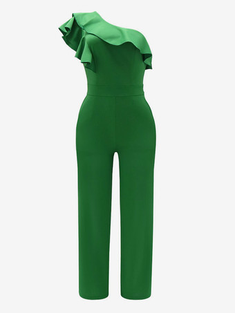 プレーンジャンプスーツ フリル ワンショルダー ストレート カジュアル サマージャンプスーツ