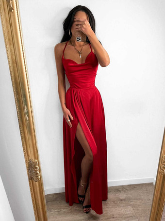 Red Red Halter Dress High Slit Low Back Lace Up Sexy Party Maxi Dresses