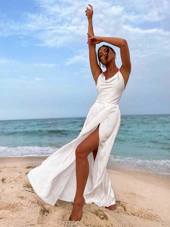 White Red Halter Dress High Slit Low Back Lace Up Sexy Party Maxi Dresses