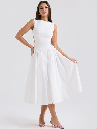 Белое платье с вырезом «лодочкой» и открытой спиной платья миди для бранча и вечеринки