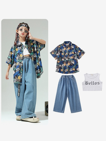 ブルー ジャズダンスコスチューム レディース ポリエステルパンツ トップ ダンスウェア