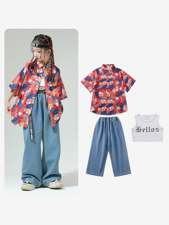 レッド ジャズダンスコスチューム レディース ポリエステルパンツ トップ ダンスウェア