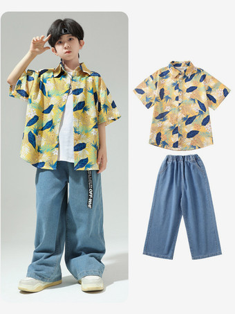 イエロージャズダンスコスチューム メンズ ポリエステルトップパンツ ダンスウェア