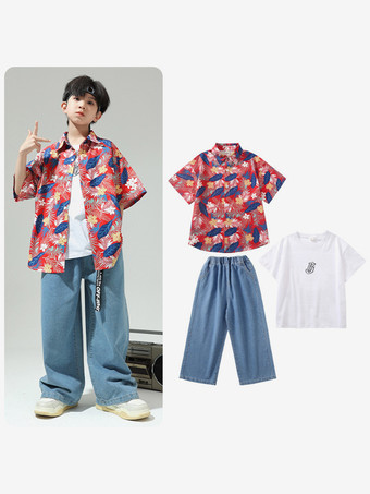 レッド ジャズダンスコスチューム メンズ ポリエステルトップパンツ ダンスウェア