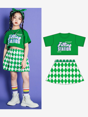 グリーン ジャズダンスコスチューム 女の子用ポリエステルトップスカートダンスウェア