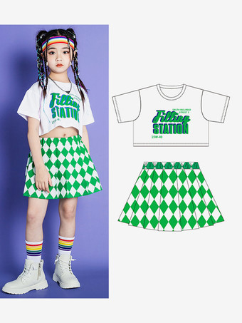 ホワイト ジャズダンスコスチューム 女の子用ポリエステルトップスカートダンスウェア