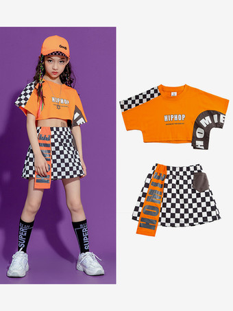 オレンジ ジャズダンスコスチューム レディース ポリエステルスカートトップ ダンスウェア