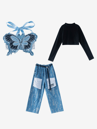 ブラック ジャズダンスコスチューム レディース ポリエステルパンツ トップ ダンスウェア