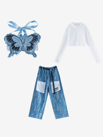 ホワイト ジャズダンスコスチューム レディース ポリエステルパンツ トップ ダンスウェア