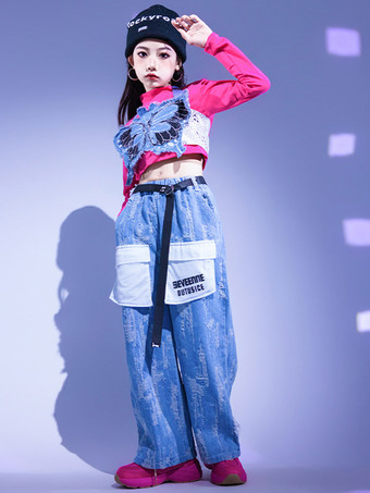 ブルー ジャズダンスコスチューム 女の子用ポリエステルパンツトップダンスウェア