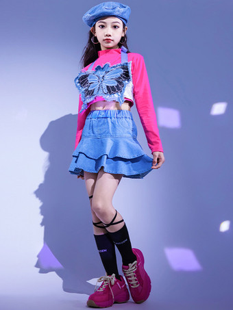 ブルー ジャズダンスコスチューム 女の子用ポリエステルトップスカートダンスウェア