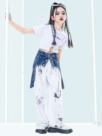 ホワイト ジャズダンスコスチューム 女の子用ポリエステルトップアクセサリーパンツダンスウェア