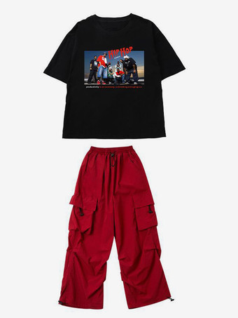 レッド＋ブラックジャズダンスコスチューム ユニセックス ポリエステルトップパンツ ダンスウェア