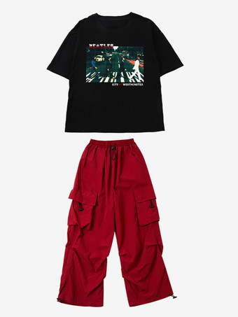 ブラック ジャズダンスコスチューム ユニセックス ポリエステルトップパンツ ダンスウェア