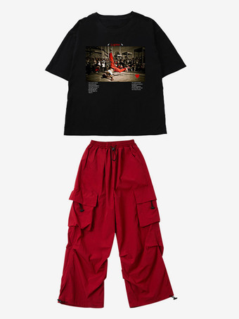 レッド ジャズダンスコスチューム ユニセックス ポリエステルトップパンツ ダンスウェア