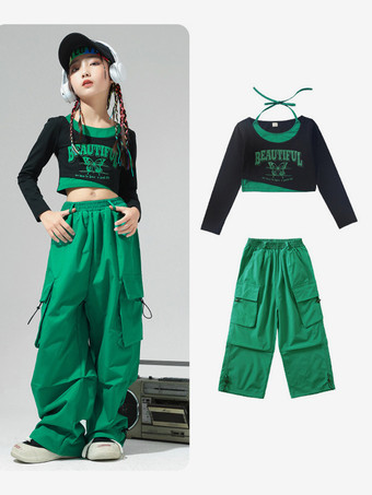 グリーン ジャズダンスコスチューム レディース ポリエステルトップパンツ ダンスウェア