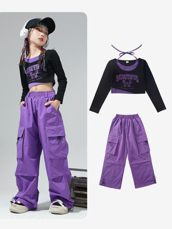 パープル ジャズダンスコスチューム レディース ポリエステルトップパンツ ダンスウェア