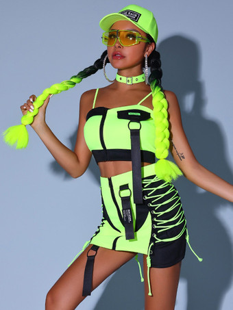 グリーン ジャズダンスコスチューム レディース ポリエステルトップ ミニスカート パンツ ダンスウェア