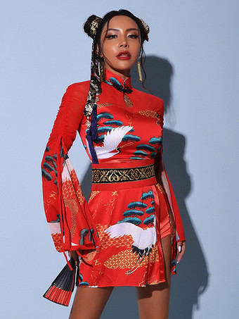 レッド ジャズダンスコスチューム レディース ポリエステルパンツドレス サッシュダンスウェア