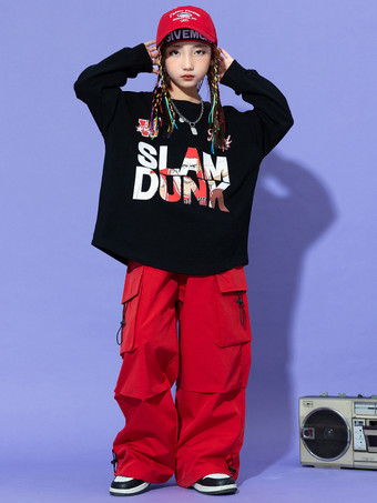 レッド＋ブラックジャズダンスコスチューム ユニセックス ポリエステルパンツ トップ ダンスウェア