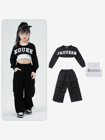 ブラック ジャズダンスコスチューム ユニセックス ポリエステルトップパンツ ダンスウェア