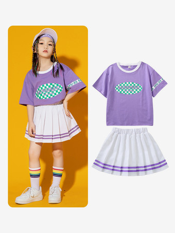 パープル ジャズダンスコスチューム 女の子用ポリエステルトップスカートダンスウェア