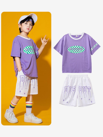 パープル ジャズダンスコスチューム メンズ ポリエステルパンツ トップ ダンスウェア