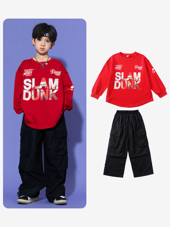 レッド＋ブラックジャズダンスコスチューム ユニセックス ポリエステルトップパンツ ダンスウェア