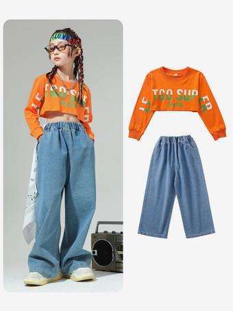 オレンジ ジャズダンスコスチューム レディース ポリエステルトップパンツ ダンスウェア