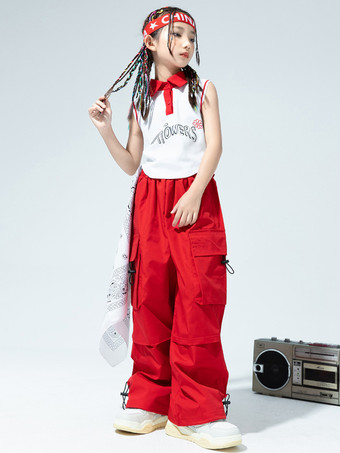 レッド ジャズダンスコスチューム レディース ポリエステルトップパンツ ダンスウェア