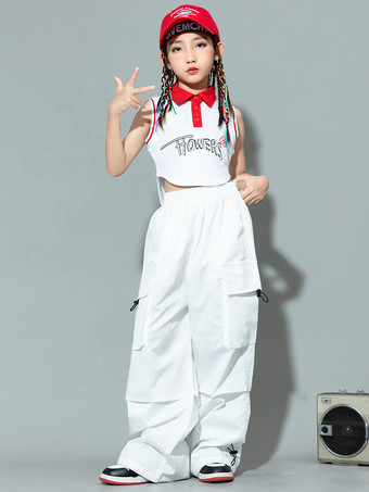 ホワイト ジャズダンスコスチューム レディース ポリエステルパンツ トップ ダンスウェア